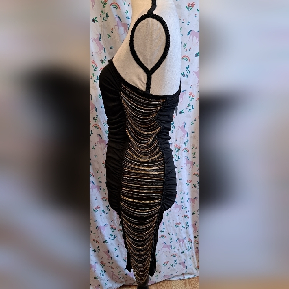 NWT Iron Boutique Black LBD Bodycon Moto Goth Asymetric Chain Dress SZ XS/S - Picture 2 of 6